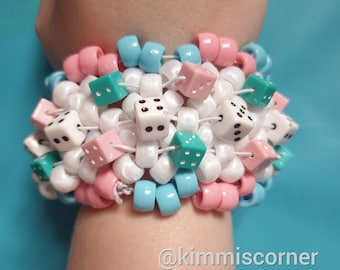 Pastel Dice Kandi Cuff - Handmade Pink White and Blue X-Base Bead Bracelet - Y2K Aesthetic Rave Jewelry -  Festival Arm Kandi