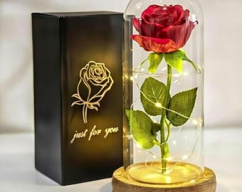 Rosa iluminada en cúpula de cristal | Lámpara LED de rosa eterna | Regalo romántico para ella | Decoración de San Valentín