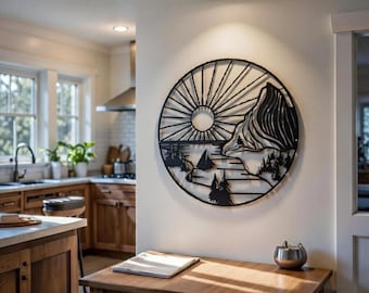 Arte de pared metálico de montaña redondo – Decoración de pared moderna con naturaleza – Arte de metal con paisaje negro para la entrada de la cocina y la sala de estar