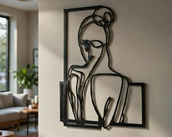 Arte de pared minimalista de metal con forma de mujer: decoración de pared con líneas modernas, escultura abstracta negra para sala de estar y dormitorio.
