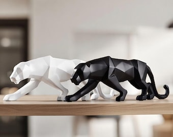 Estatua de pantera de baja poligonización – Escultura geométrica animal moderna – Decoración minimalista para el hogar – Figura de pantera negra o blanca