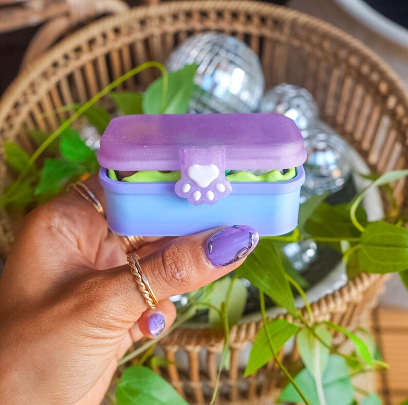 Puede incluir: Una peque&ntilde;a caja de almacenamiento rectangular con una base azul claro y una tapa morada transl&uacute;cida. La parte frontal del recipiente presenta un cierre blanco con forma de huella con un detalle de coraz&oacute;n, asegurando la tapa a la base.