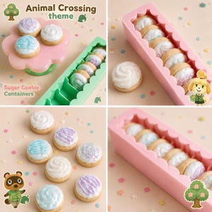 Pode incluir: Biscoitos de a&ccedil;&uacute;car com cobertura branca e glac&ecirc; pastel, dispostos em v&aacute;rios recipientes. A imagem inclui o texto "Animal Crossing theme" e "Sugar Cookie Containers."