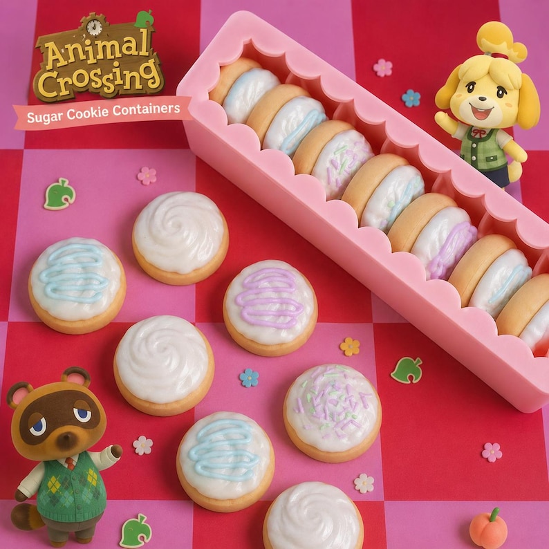 Pode incluir: Recipientes de biscoitos de a&ccedil;&uacute;car com tema Animal Crossing. Os biscoitos redondos t&ecirc;m cobertura branca e desenhos coloridos. Um recipiente rosa cont&eacute;m v&aacute;rios biscoitos. A imagem tamb&eacute;m apresenta figuras de personagens e elementos decorativos.