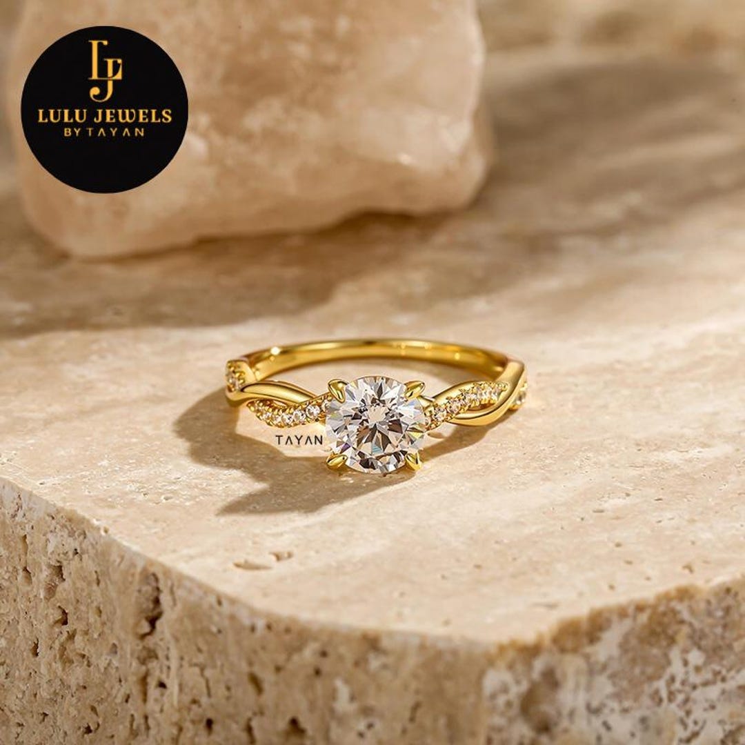 14K Yellow Gold Round Cut Moissanite Engagement Ring, Bridal Wedding ...
