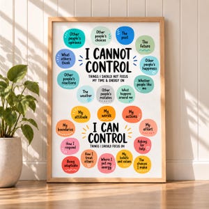 May include: A framed wall art print featuring a white background with black text and colorful circular bubbles. The text reads I CANNOT CONTROL and I CAN CONTROL, surrounded by phrases about personal focus, attitudes, and external factors.