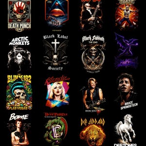Puede incluir: Colecci&oacute;n de logotipos y retratos de bandas musicales sobre un fondo negro. Las bandas presentadas incluyen Five Finger Death Punch, AC/DC, Aerosmith, Arctic Monkeys, Black Label Society, Black Sabbath, Blink-182, Blondie, Bon Jovi, Bruce Springsteen, David Bowie, Deep Purple, Def Leppard y Deftones.