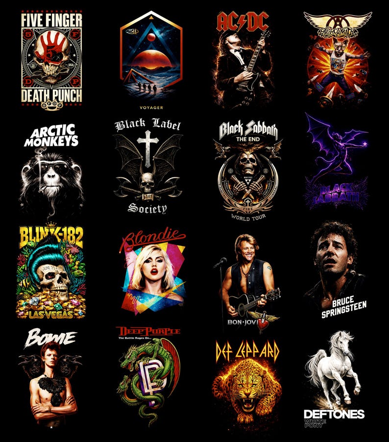 Puede incluir: Colecci&oacute;n de logotipos y retratos de bandas musicales sobre un fondo negro. Las bandas presentadas incluyen Five Finger Death Punch, AC/DC, Aerosmith, Arctic Monkeys, Black Label Society, Black Sabbath, Blink-182, Blondie, Bon Jovi, Bruce Springsteen, David Bowie, Deep Purple, Def Leppard y Deftones.