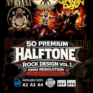 May include: A black graphic design featuring logos of rock bands Nirvana, Aerosmith, and Green Day. The design includes the text "50 Premium Halftone Rock Design Vol. 1" and size options A2, A3, and A4.