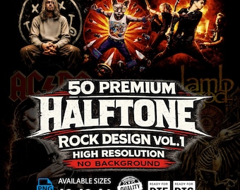 50 Halbton Rock Designs Vol. 1, hochauflösende PNGs (A2, A3, A4) Digitaler Download
