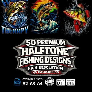 Könnte beinhalten: Eine digitale Sammlung von 50 hochwertigen Halbton-Angeldesigns mit farbenfrohen Fischillustrationen, Wasserspritzern und Sonnenuntergangsmotiven. Der Text lautet 50 PREMIUM HALFTONE FISHING DESIGNS HIGH RESOLUTION NO BACKGROUND, mit Symbolen für PNG, A2, A3, A4, DTF und DTG.