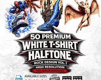 50 diseños de camisetas blancas con efecto semitono estilo rock, vol. 1 / PNG de alta resolución (A2, A3, A4) / Descarga digital