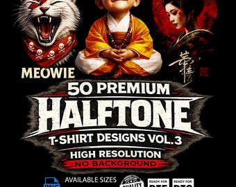 50 Halbton T-Shirt Designs Vol. 3, hochauflösende PNGs (A2, A3, A4) digitaler Download
