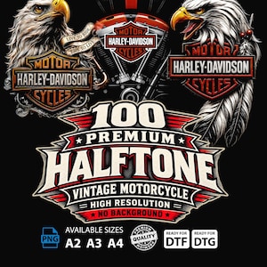 May include: A graphic design featuring two bald eagles flanking a Harley-Davidson motorcycle engine and logo. Text includes 100 PREMIUM HALFTONE VINTAGE MOTORCYCLE HIGH RESOLUTION NO BACKGROUND, AVAILABLE SIZES A2 A3 A4, PREMIUM QUALITY, READY FOR DTF, READY FOR DTG.