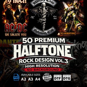 May include: A promotional graphic for rock music designs, featuring band logos such as AC/DC, Mötley Crüe, and Linkin Park. The text reads "50 Premium Halftone Rock Design Vol. 3." It also displays available sizes and file type options.