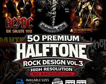 50 diseños de rock en semitonos, vol. 3, PNG de alta resolución (A2, A3, A4), descarga digital