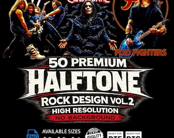 50 diseños de rock en semitonos, vol. 2, PNG de alta resolución (A2, A3, A4), descarga digital