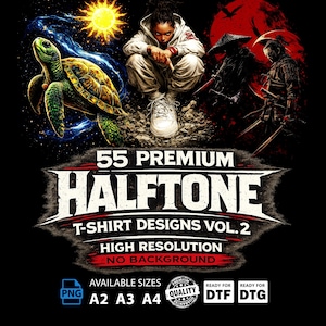 55 Halftone T-Shirt Designs Vol. 2, High-Resolution PNGs (A2, A3, A4) Digital Download