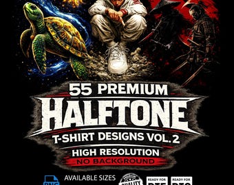 55 Halbton T-Shirt Designs Vol. 2, hochauflösende PNGs (A2, A3, A4) digitaler Download