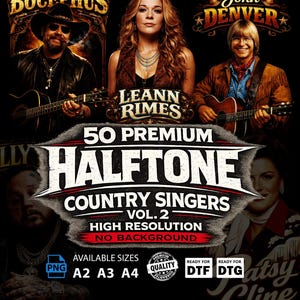 May include: A promotional graphic featuring country music singers, including LeAnn Rimes and John Denver. The design includes the text "50 Premium Halftone Country Singers Vol. 2" and is available in PNG format and A2, A3, and A4 sizes.