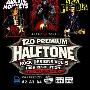 Puede incluir: Un diseño gráfico con ilustraciones de las bandas Arctic Monkeys, Sleep Token y Sex Pistols. El diseño incluye el texto "120 Premium Halftone Rock Designs Vol. 5" y las opciones de tamaño A2, A3 y A4.