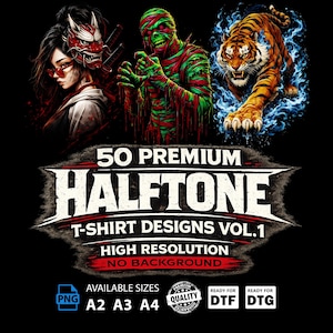 50 modèles de t-shirts en demi-teinte, vol. 1, téléchargement numérique de fichiers PNG haute résolution (A2, A3, A4)