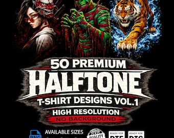 50 Halbton T-Shirt Designs Vol. 1, hochauflösende PNGs (A2, A3, A4) Digitaler Download