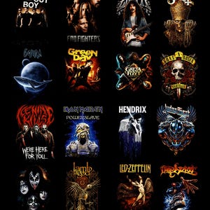 Puede incluir: Una colecci&oacute;n de dise&ntilde;os gr&aacute;ficos con varias bandas de rock, incluyendo Fall Out Boy, Foo Fighters, Zappa, Ghost, Gojira, Green Day, Greta Van Fleet, Guns N' Roses, y otras. Los dise&ntilde;os son de varios colores y estilos, con los nombres de las bandas destacados.