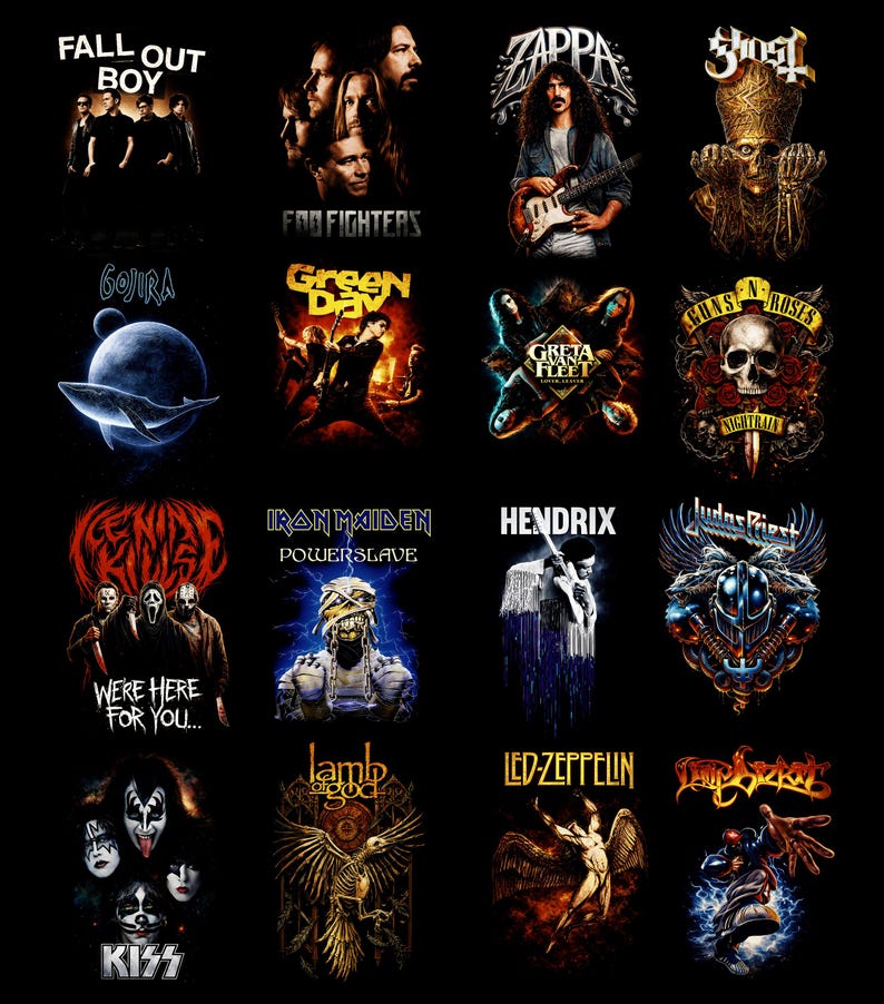Puede incluir: Una colecci&oacute;n de dise&ntilde;os gr&aacute;ficos con varias bandas de rock, incluyendo Fall Out Boy, Foo Fighters, Zappa, Ghost, Gojira, Green Day, Greta Van Fleet, Guns N' Roses, y otras. Los dise&ntilde;os son de varios colores y estilos, con los nombres de las bandas destacados.