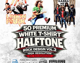50 Weißes T-Shirt Halftone Rock Designs Vol. Nr.2 | Hochauflösende PNGs (A2, A3, A4) | Digitaler Download