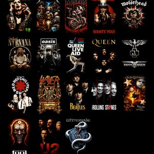 Puede incluir: Una colecci&oacute;n de camisetas negras con logotipos de bandas de rock y metal. Incluye Marilyn Manson, Metallica, Misfits, Mot&ouml;rhead, Nirvana, Oasis, Queen, Rammstein, Red Hot Chili Peppers, Slayer, The Beatles, Rolling Stones, Tool, U2 y Whitesnake.