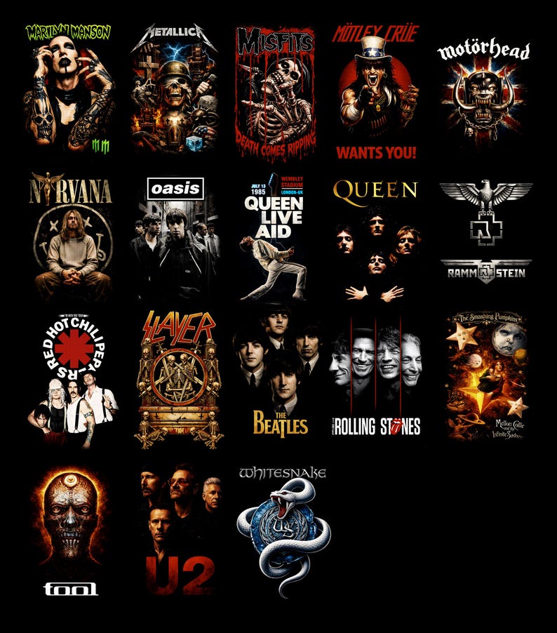 Puede incluir: Una colecci&oacute;n de camisetas negras con logotipos de bandas de rock y metal. Incluye Marilyn Manson, Metallica, Misfits, Mot&ouml;rhead, Nirvana, Oasis, Queen, Rammstein, Red Hot Chili Peppers, Slayer, The Beatles, Rolling Stones, Tool, U2 y Whitesnake.