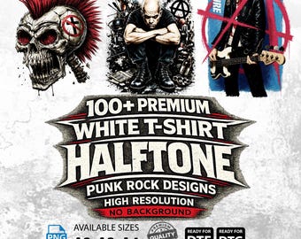 Über 100 weiße T-Shirt-Designs im Punkrock-Halbton-Stil | Hochauflösende PNGs (A2, A3, A4) | Digitaler Download