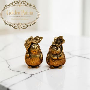 May include: Two small brass hedgehog figurines with a golden patina finish. One hedgehog holds a large leaf over its head, while the other holds a single flower. The text Golden Patina Handcrafted Brass is visible in a decorative frame above.