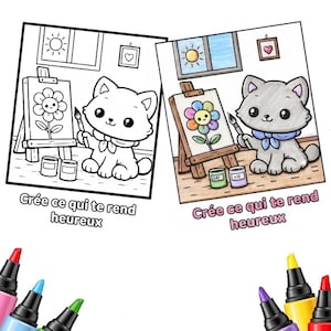 Peut inclure: Deux illustrations carrées d'un chat peignant une fleur sur un chevalet, l'une en noir et blanc et l'autre en couleur, avec le texte "Crée ce qui te rend heureux" en dessous. Six marqueurs colorés sont placés au bas de l'image.