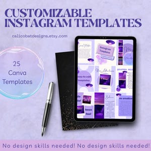 Könnte beinhalten: Ein Tablet-Computer zeigt Instagram-Vorlagen in Lila und Weiß. Auf dem Bildschirm steht Text wie "Instagram Templates" und "New Adventures". Ein Stift, ein schwarzer Notizblock und der Text "CUSTOMIZABLE INSTAGRAM TEMPLATES" sind ebenfalls zu sehen.