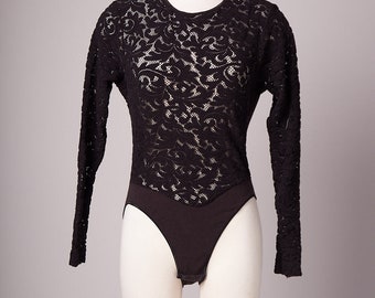 Vintage 1990s Lace Front Black Bodysuit Top