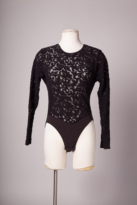 Vintage 1990s Lace Front Black Bodysuit Top