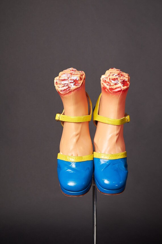 1970s Color Block Blue Yellow Platforms Heels - image 2