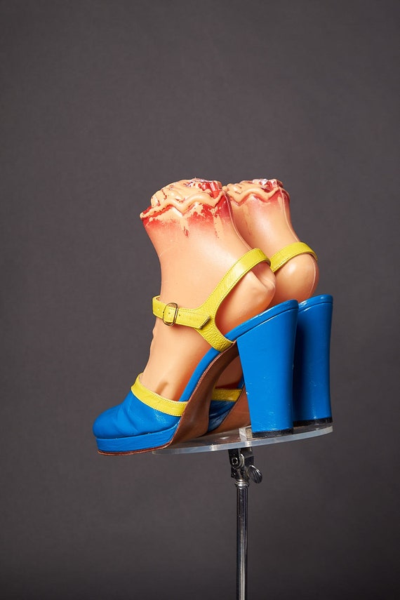 1970s Color Block Blue Yellow Platforms Heels - image 4