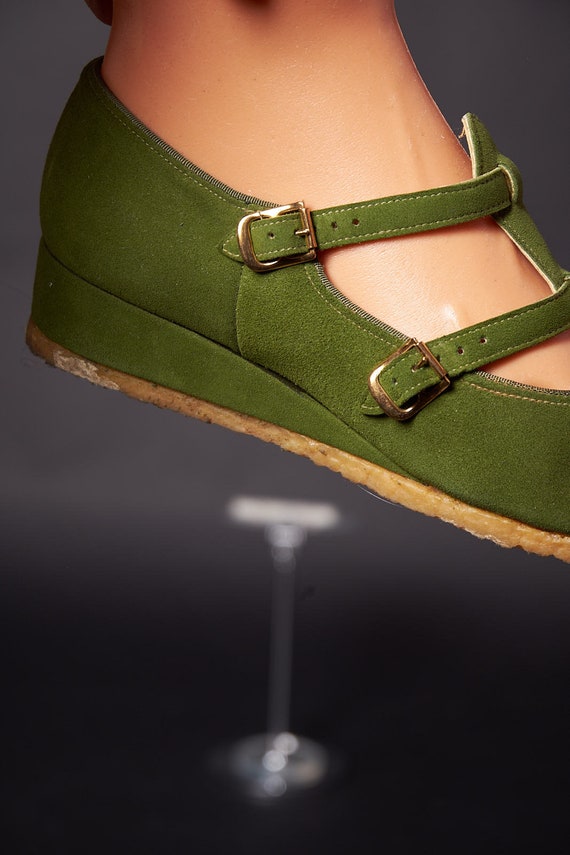 1950s Green Suede Mary Jane Wedges Shoes Gem