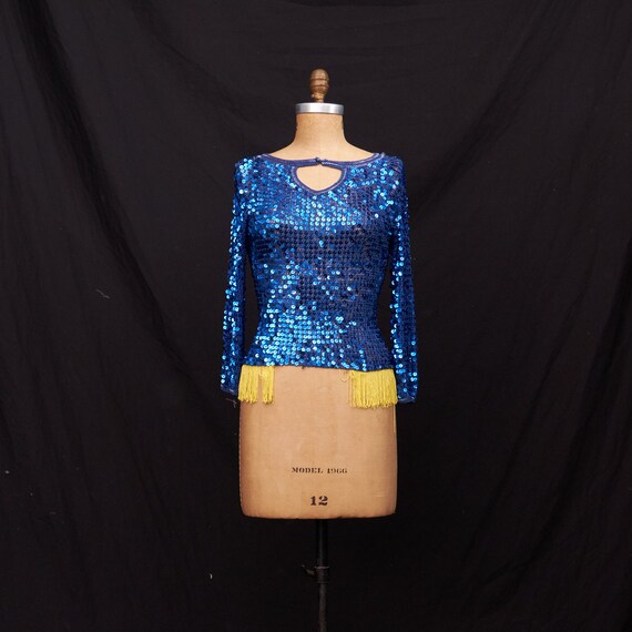 Vintage 1970s Sequin and Fringe Open Knit Top