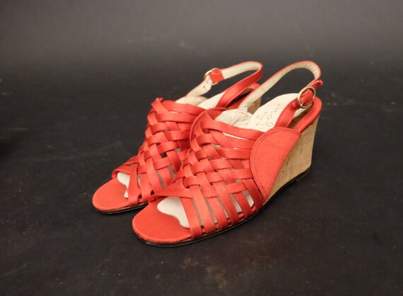 red strappy wedge sandals
