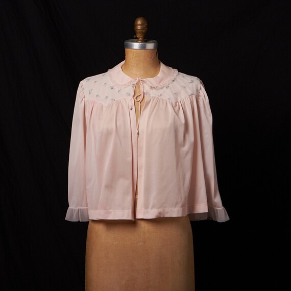 Vintage Nylon Pink Embroidered Bed Jacket Lingerie