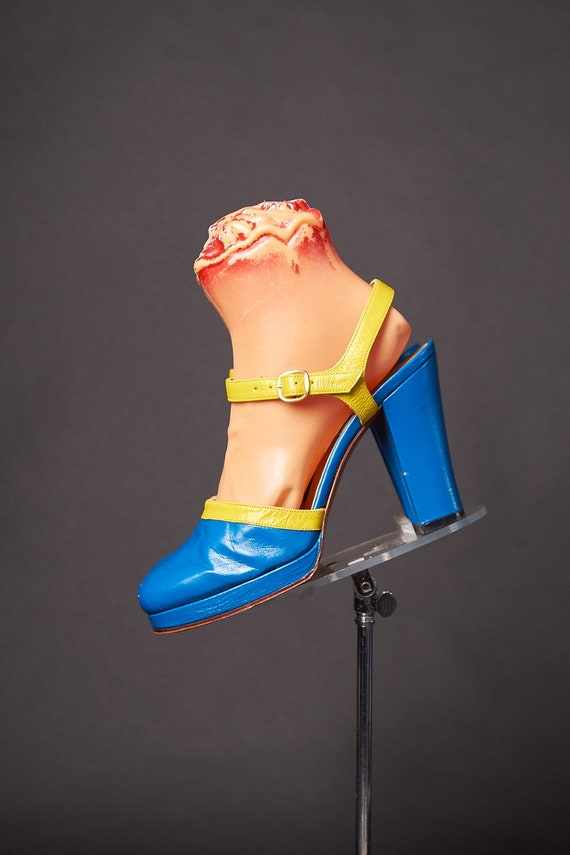 1970s Color Block Blue Yellow Platforms Heels - image 3