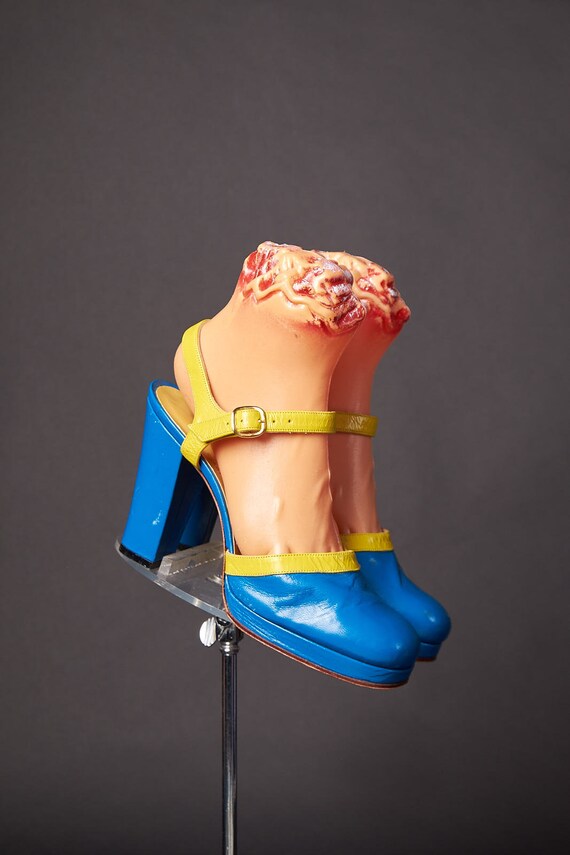 1970s Color Block Blue Yellow Platforms Heels - image 1