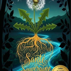 Puede incluir: Portada de libro ilustrada con un diente de león, hojas verdes y raíces doradas. El título "Sante Souveraine" está en escritura dorada. Un sello dorado más pequeño con texto está en la esquina inferior derecha. Fondo de noche azul oscuro.