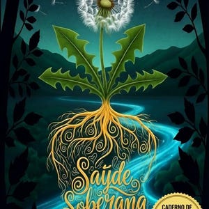 Może przedstawiać: Ilustrowana okładka książki przedstawiająca mniszka lekarskiego z dużą, puszystą główką nasienną. Korzenie mniszka są złote, a tekst "Saúde Soberana" jest napisany ozdobną czcionką. Tło jest ciemnozielone z rzeką światła.