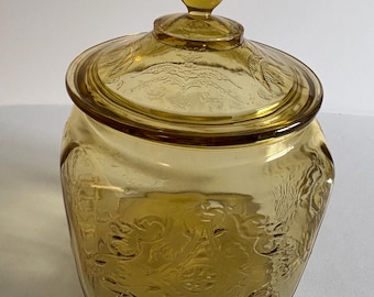 Vintage 1930s Yellow Federal Depression Glass Madrid Lidded Cookie Jar Canister