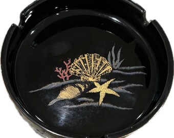 Vintage Otagiri Japan Black and Gold Shell Ocean Design Round Ashtray EUC